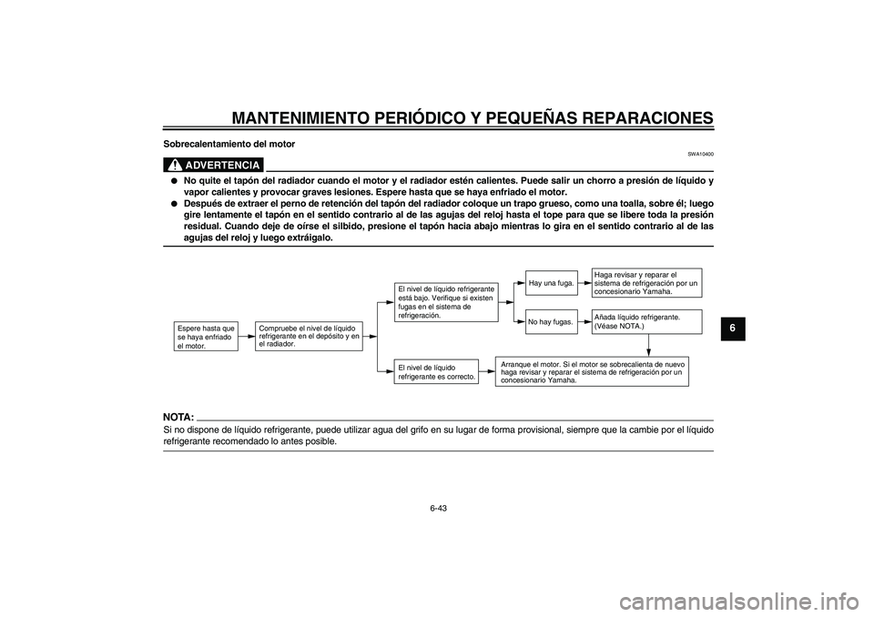 YAMAHA YZF-R6 2005  Manuale de Empleo (in Spanish) MANTENIMIENTO PERIÓDICO Y PEQUEÑAS REPARACIONES
6-43
6
Sobrecalentamiento del motor
ADVERTENCIA
SWA10400

No quite el tapón del radiador cuando el motor y el radiador estén calientes. Puede salir