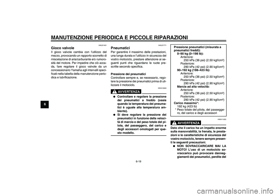 YAMAHA YZF-R6 2005 Manuale duso (in Italian) MANUTENZIONE PERIODICA E PICCOLE RIPARAZIONI
6-19
6
HAU21401
Gioco valvole Il gioco valvole cambia con l’utilizzo del
mezzo, provocando un rapporto scorretto di
miscelazione di aria/carburante e/o r YAMAHA YZF-R6 2005 Manuale duso (in Italian) MANUTENZIONE PERIODICA E PICCOLE RIPARAZIONI
6-19
6
HAU21401
Gioco valvole Il gioco valvole cambia con l’utilizzo del
mezzo, provocando un rapporto scorretto di
miscelazione di aria/carburante e/o r