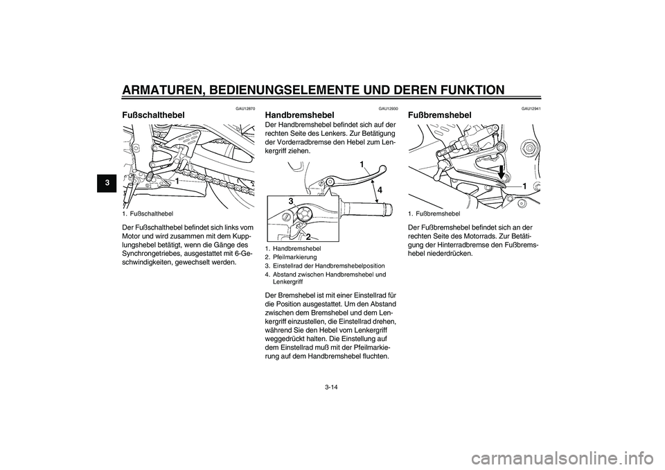 YAMAHA YZF-R6 2004  Betriebsanleitungen (in German) ARMATUREN, BEDIENUNGSELEMENTE UND DEREN FUNKTION
3-14
3
GAU12870
Fußschalthebel Der Fußschalthebel befindet sich links vom 
Motor und wird zusammen mit dem Kupp-
lungshebel betätigt, wenn die Gäng