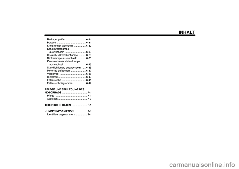 YAMAHA YZF-R6 2004  Betriebsanleitungen (in German) INHALT
Radlager prüfen ............................ 6-31
Batterie ......................................... 6-31
Sicherungen wechseln  ................. 6-32
Scheinwerferlampe 
auswechseln ..........