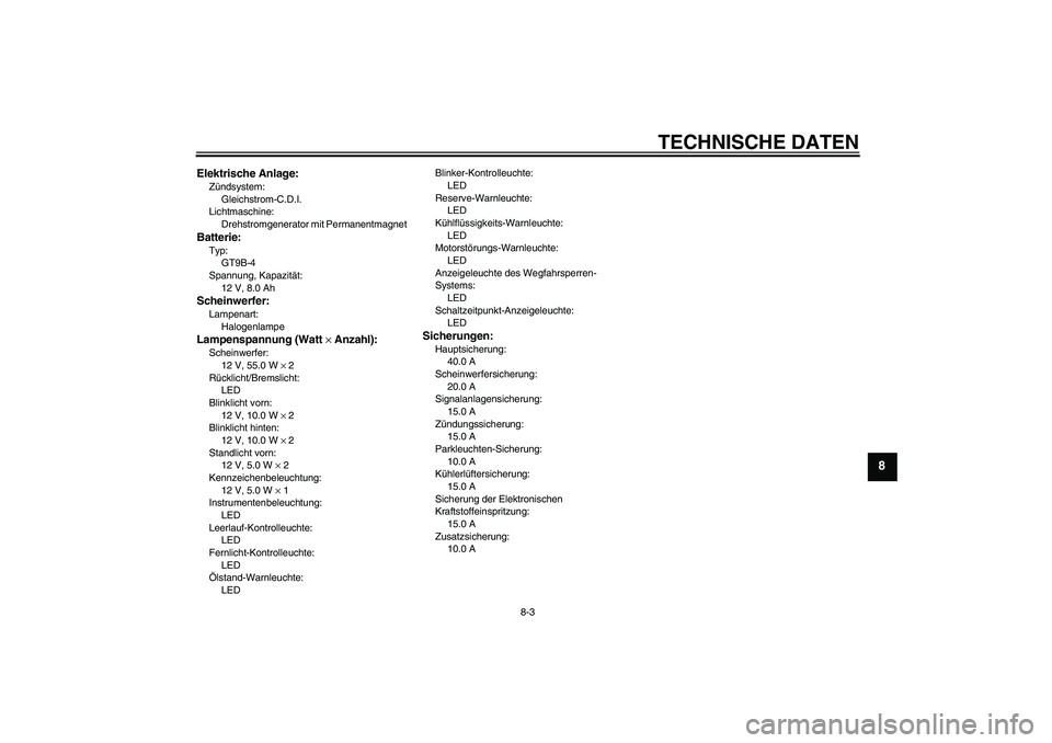 YAMAHA YZF-R6 2004  Betriebsanleitungen (in German) TECHNISCHE DATEN
8-3
8
Elektrische Anlage:Zündsystem:
Gleichstrom-C.D.I.
Lichtmaschine:
Drehstromgenerator mit PermanentmagnetBatterie:Typ:
GT9B-4
Spannung, Kapazität:
12 V, 8.0 AhScheinwerfer:Lampe