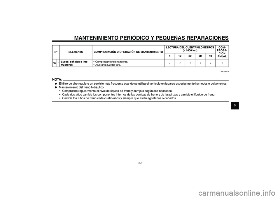YAMAHA YZF-R6 2004  Manuale de Empleo (in Spanish) MANTENIMIENTO PERIÓDICO Y PEQUEÑAS REPARACIONES
6-5
6
SAU18670
NOTA :
El filtro de aire requiere un servicio más frecuente cuando se utiliza el vehículo en lugares especialmente húmedos o polvor