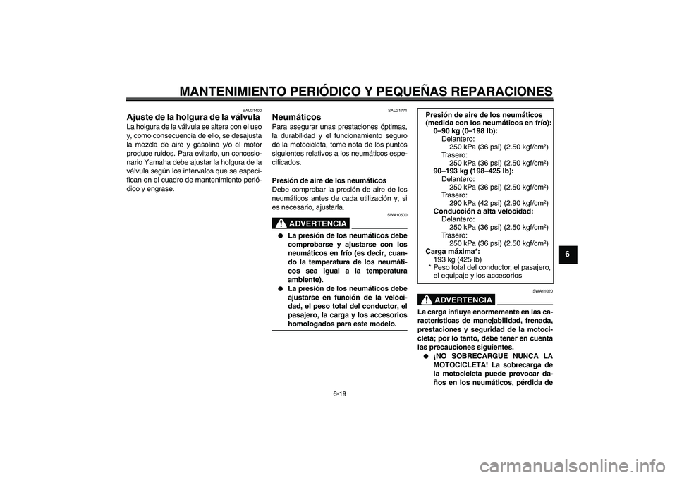 YAMAHA YZF-R6 2004  Manuale de Empleo (in Spanish) MANTENIMIENTO PERIÓDICO Y PEQUEÑAS REPARACIONES
6-19
6
SAU21400
Ajuste de la holgura de la válvula La holgura de la válvula se altera con el uso
y, como consecuencia de ello, se desajusta
la mezcl