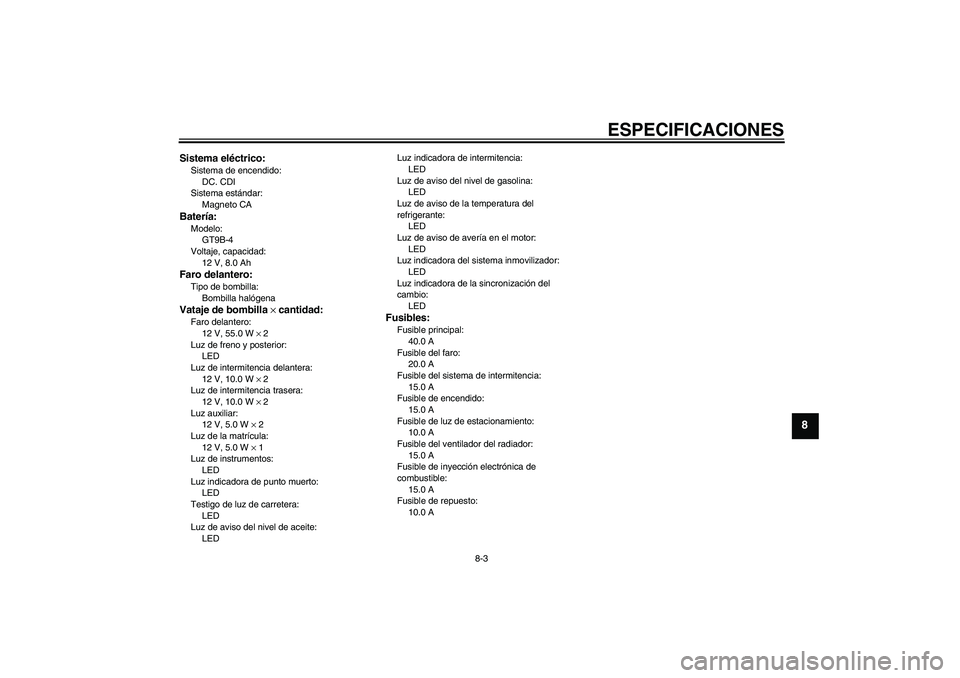 YAMAHA YZF-R6 2004  Manuale de Empleo (in Spanish) ESPECIFICACIONES
8-3
8
Sistema eléctrico:Sistema de encendido:
DC. CDI
Sistema estándar:
Magneto CABatería:Modelo:
GT9B-4
Voltaje, capacidad:
12 V, 8.0 AhFaro delantero:Tipo de bombilla:
Bombilla h