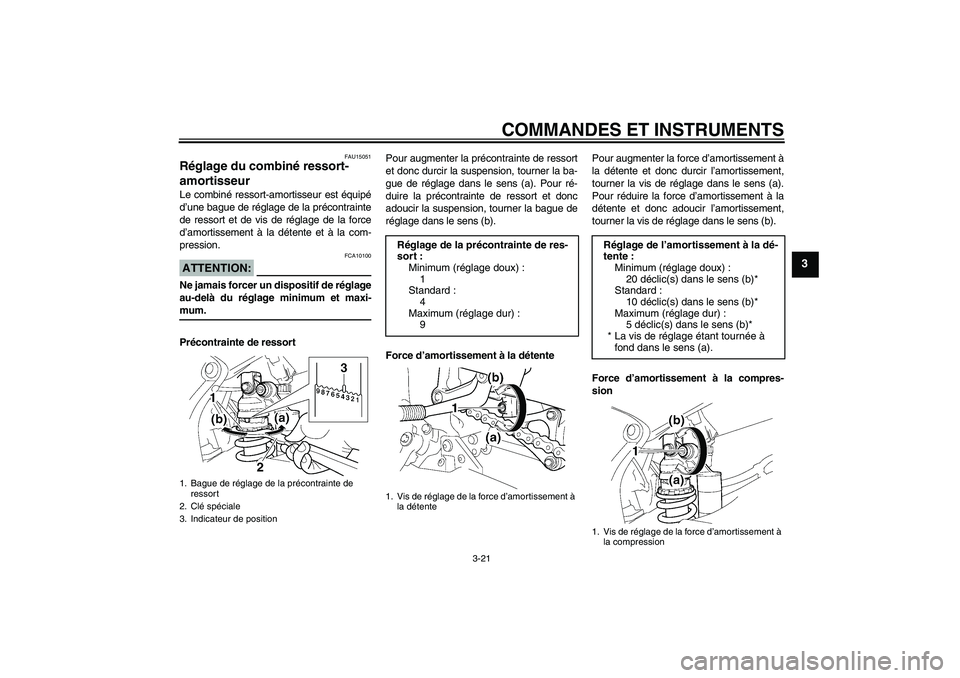 YAMAHA YZF-R6 2004  Notices Demploi (in French) COMMANDES ET INSTRUMENTS
3-21
3
FAU15051
Réglage du combiné ressort-
amortisseur Le combiné ressort-amortisseur est équipé
d’une bague de réglage de la précontrainte
de ressort et de vis de r