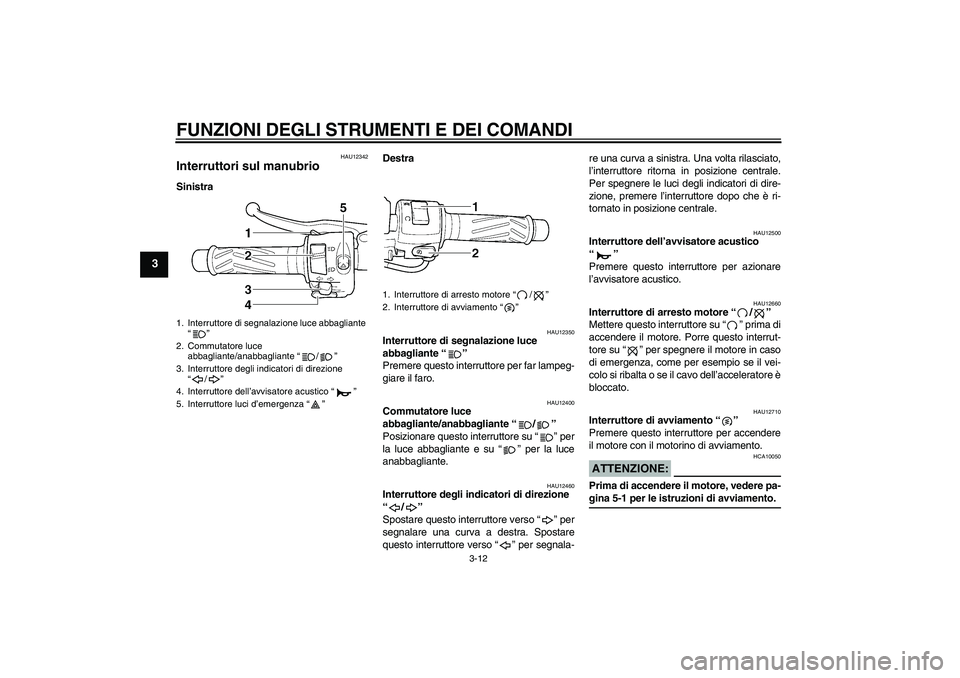 YAMAHA YZF-R6 2004  Manuale duso (in Italian) FUNZIONI DEGLI STRUMENTI E DEI COMANDI
3-12
3
HAU12342
Interruttori sul manubrio SinistraDestra
HAU12350
Interruttore di segnalazione luce 
abbagliante “” 
Premere questo interruttore per far lamp
