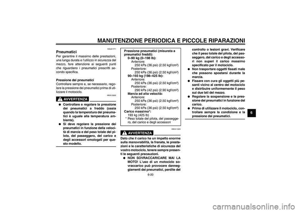 YAMAHA YZF-R6 2004  Manuale duso (in Italian) MANUTENZIONE PERIODICA E PICCOLE RIPARAZIONI
6-20
6
HAU21771
Pneumatici Per garantire il massimo delle prestazioni,
una lunga durata e l’utilizzo in sicurezza del
mezzo, fare attenzione ai seguenti 