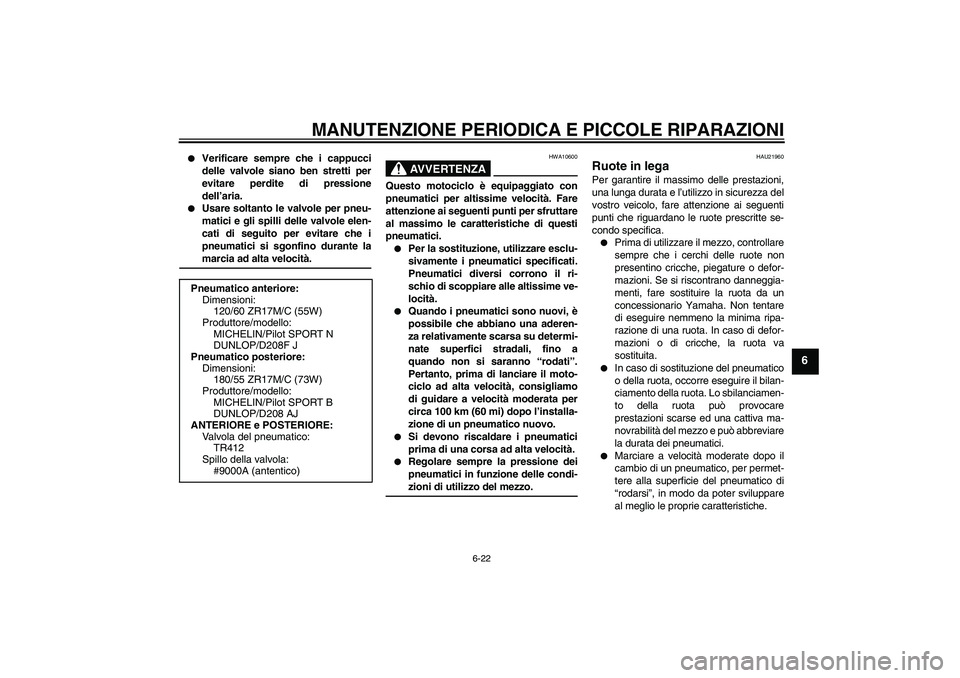 YAMAHA YZF-R6 2004  Manuale duso (in Italian) MANUTENZIONE PERIODICA E PICCOLE RIPARAZIONI
6-22
6

Verificare sempre che i cappucci
delle valvole siano ben stretti per
evitare perdite di pressione
dell’aria.

Usare soltanto le valvole per pne