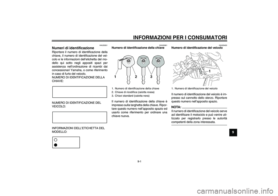 YAMAHA YZF-R6 2004  Manuale duso (in Italian) INFORMAZIONI PER I CONSUMATORI
9-1
9
HAU26351
Numeri di identificazione Riportare il numero di identificazione della
chiave, il numero di identificazione del vei-
colo e le informazioni dell’etichet