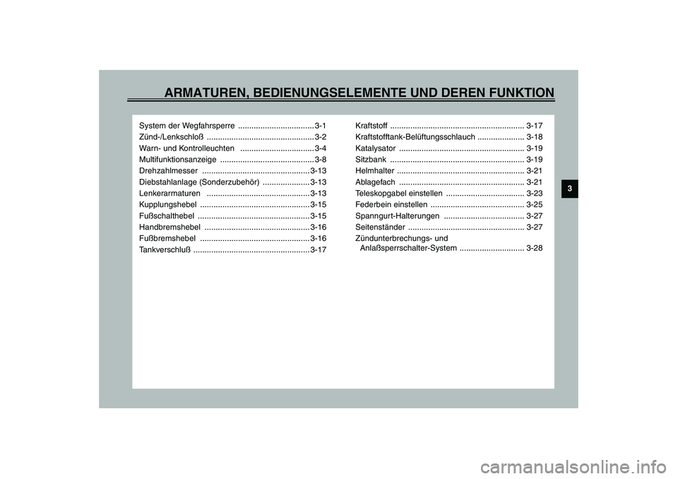 YAMAHA YZF-R6 2003  Betriebsanleitungen (in German) ARMATUREN, BEDIENUNGSELEMENTE UND DEREN FUNKTION
3
System der Wegfahrsperre  .................................. 3-1
Zünd-/Lenkschloß ................................................ 3-2
Warn- und Ko
