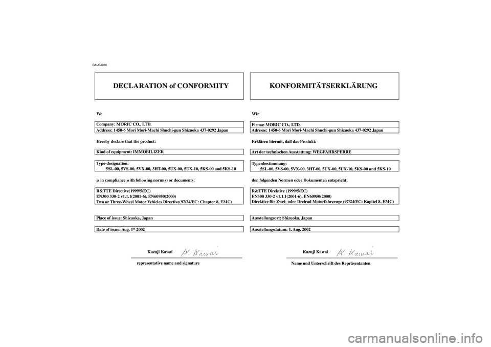 YAMAHA YZF-R6 2003 Betriebsanleitungen (in German) GAU04980
CM-01G
DECLARATION of CONFORMITY
We
Hereby declare that the product:
is in compliance with following norm(s) or documents: Type-designation:
5SL-00, 5VS-00, 5VX-00, 3HT-00, 5UX-00, 5 YAMAHA YZF-R6 2003 Betriebsanleitungen (in German) GAU04980
CM-01G
DECLARATION of CONFORMITY
We
Hereby declare that the product:
is in compliance with following norm(s) or documents: Type-designation:
5SL-00, 5VS-00, 5VX-00, 3HT-00, 5UX-00, 5