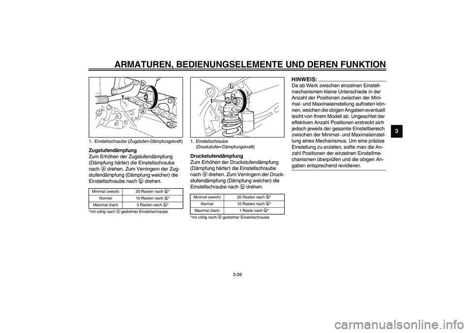 YAMAHA YZF-R6 2003  Betriebsanleitungen (in German) ARMATUREN, BEDIENUNGSELEMENTE UND DEREN FUNKTION
3-26
3
Zugstufendämpfung
Zum Erhöhen der Zugstufendämpfung 
(Dämpfung härter) die Einstellschraube 
nach 
a drehen. Zum Verringern der Zug-
stufen
