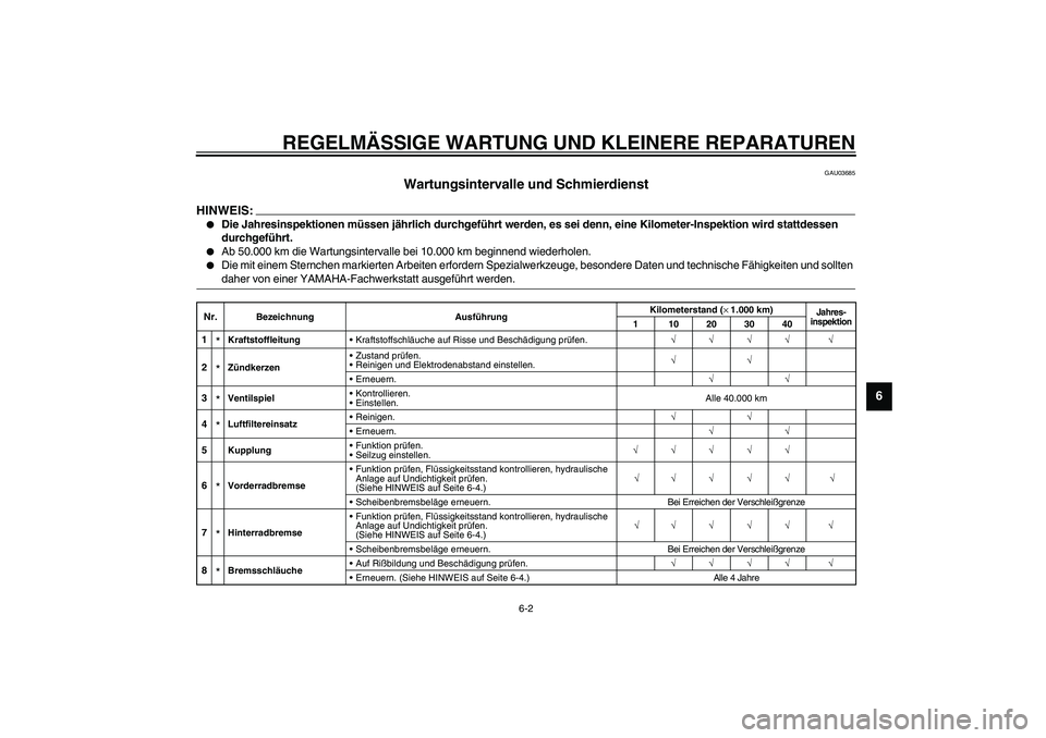 YAMAHA YZF-R6 2003  Betriebsanleitungen (in German) REGELMÄSSIGE WARTUNG UND KLEINERE REPARATUREN
6-2
6
GAU03685
Wartungsintervalle und Schmierdienst 
HINWEIS:_ 
Die Jahresinspektionen müssen jährlich durchgeführt werden, es sei denn, eine Kilomet