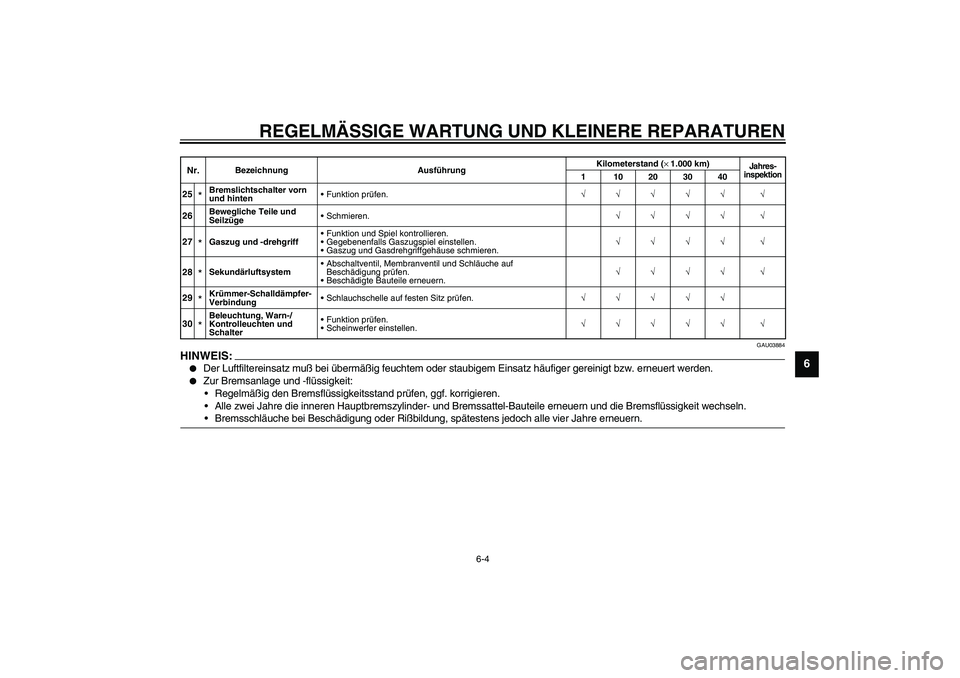 YAMAHA YZF-R6 2003  Betriebsanleitungen (in German) REGELMÄSSIGE WARTUNG UND KLEINERE REPARATUREN
6-4
6
GAU03884
HINWEIS:_ 
Der Luftfiltereinsatz muß bei übermäßig feuchtem oder staubigem Einsatz häufiger gereinigt bzw. erneuert werden.

Zur Br