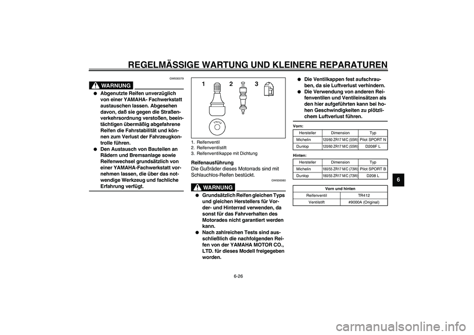 YAMAHA YZF-R6 2003  Betriebsanleitungen (in German) REGELMÄSSIGE WARTUNG UND KLEINERE REPARATUREN
6-26
6
GW000079
WARNUNG
_ 
Abgenutzte Reifen unverzüglich 
von einer YAMAHA- Fachwerkstatt 
austauschen lassen. Abgesehen 
davon, daß sie gegen die St