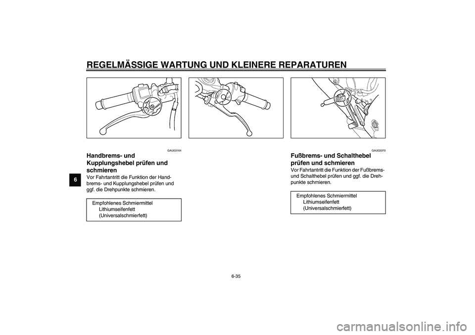 YAMAHA YZF-R6 2003  Betriebsanleitungen (in German) REGELMÄSSIGE WARTUNG UND KLEINERE REPARATUREN
6-35
6
GAU03164
Handbrems- und 
Kupplungshebel prüfen und 
schmieren Vor Fahrtantritt die Funktion der Hand-
brems- und Kupplungshebel prüfen und 
ggf.