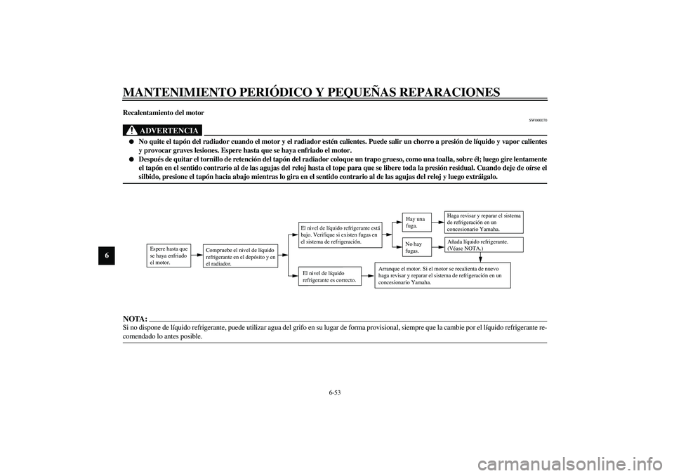 YAMAHA YZF-R6 2003  Manuale de Empleo (in Spanish) MANTENIMIENTO PERIÓDICO Y PEQUEÑAS REPARACIONES
6-53
6
Recalentamiento del motor
SW000070
ADVERTENCIA
_ 
No quite el tapón del radiador cuando el motor y el radiador estén calientes. Puede salir 