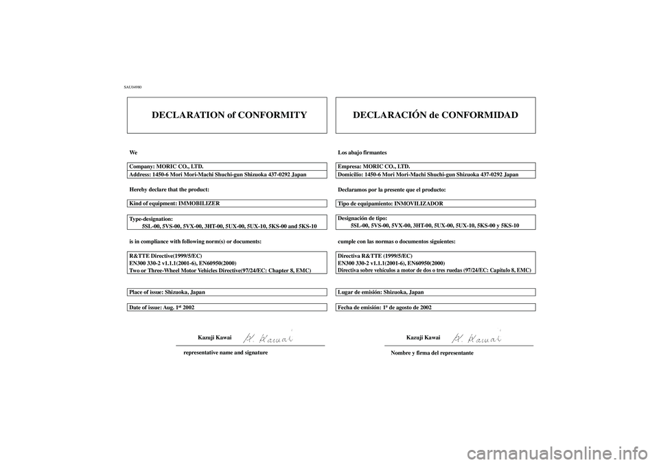 YAMAHA YZF-R6 2003 Manuale de Empleo (in Spanish) SAU04980
CM-01S
DECLARATION of CONFORMITY
We
Hereby declare that the product:
is in compliance with following norm(s) or documents: Type-designation:
5SL-00, 5VS-00, 5VX-00, 3HT-00, 5UX-00, 5 YAMAHA YZF-R6 2003 Manuale de Empleo (in Spanish) SAU04980
CM-01S
DECLARATION of CONFORMITY
We
Hereby declare that the product:
is in compliance with following norm(s) or documents: Type-designation:
5SL-00, 5VS-00, 5VX-00, 3HT-00, 5UX-00, 5