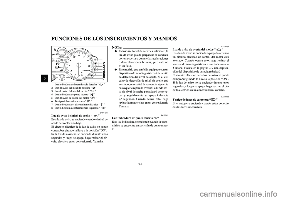YAMAHA YZF-R6 2003  Manuale de Empleo (in Spanish) FUNCIONES DE LOS INSTRUMENTOS Y MANDOS
3-5
3
SAU04895
Luz de aviso del nivel de aceite “ ” 
Esta luz de aviso se enciende cuando el nivel de
aceite del motor está bajo.
El circuito eléctrico de 