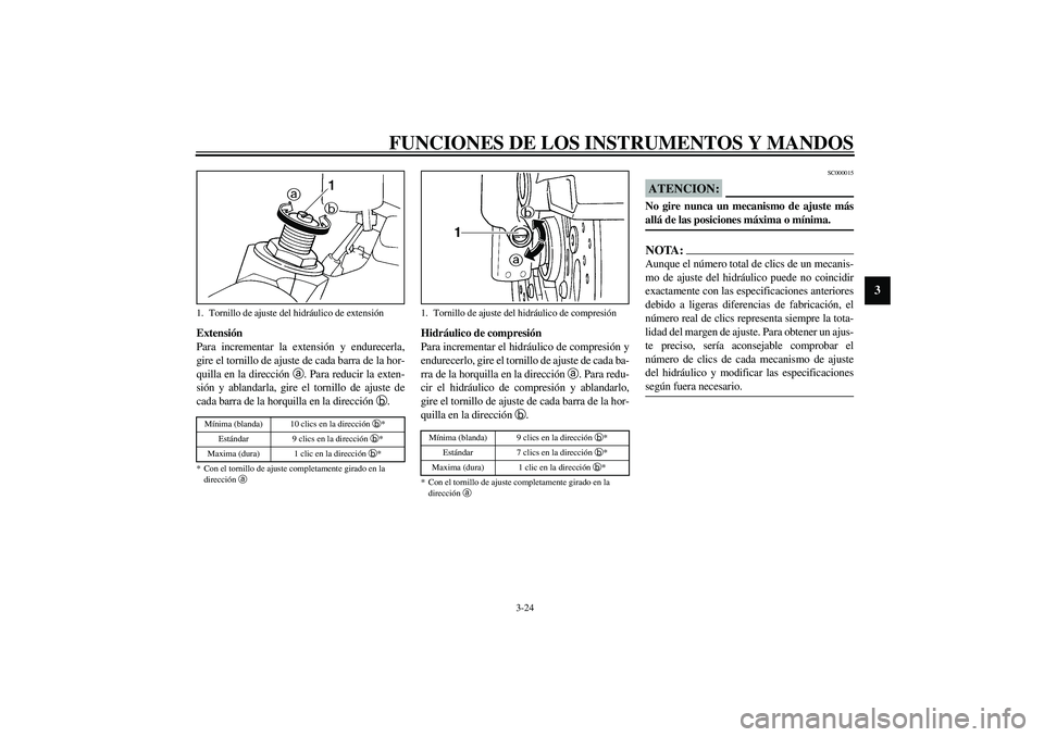 YAMAHA YZF-R6 2003  Manuale de Empleo (in Spanish) FUNCIONES DE LOS INSTRUMENTOS Y MANDOS
3-24
3
Extensión
Para incrementar la extensión y endurecerla,
gire el tornillo de ajuste de cada barra de la hor-
quilla en la dirección 
a. Para reducir la e
