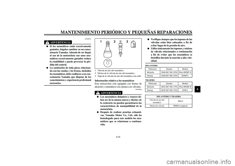 YAMAHA YZF-R6 2003  Manuale de Empleo (in Spanish) MANTENIMIENTO PERIÓDICO Y PEQUEÑAS REPARACIONES
6-26
6
SW000079
ADVERTENCIA
_ 
Si los neumáticos están excesivamente
gastados, hágalos cambiar en un conce-
sionario Yamaha. Además de ser ilegal