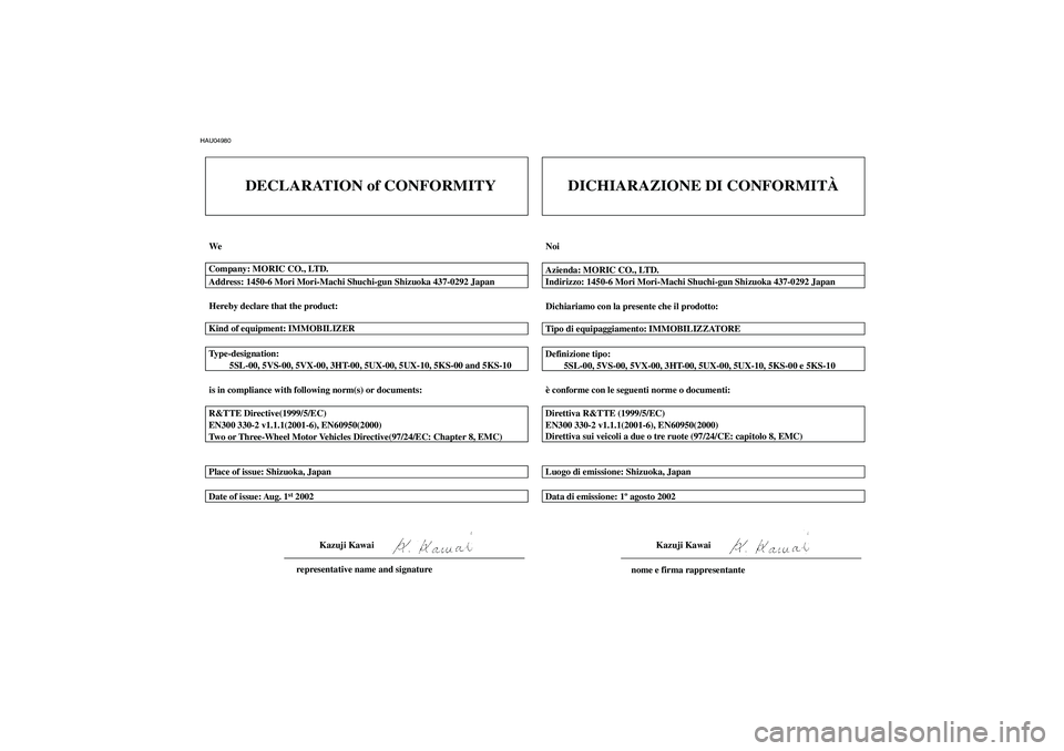 YAMAHA YZF-R6 2003  Manuale duso (in Italian) HAU04980
CM-01I
DECLARATION of CONFORMITY
We
Hereby declare that the product:
is in compliance with following norm(s) or documents: Type-designation:
         5SL-00, 5VS-00, 5VX-00, 3HT-00, 5UX-00, 5