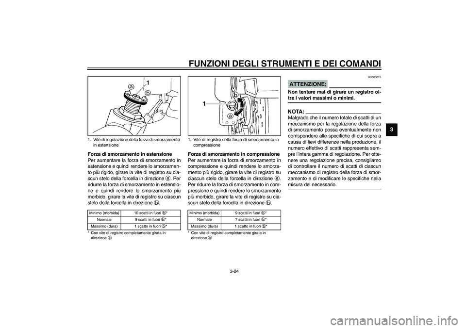 YAMAHA YZF-R6 2003  Manuale duso (in Italian) FUNZIONI DEGLI STRUMENTI E DEI COMANDI
3-24
3
Forza di smorzamento in estensione
Per aumentare la forza di smorzamento in
estensione e quindi rendere lo smorzamen-
to più rigido, girare la vite di re