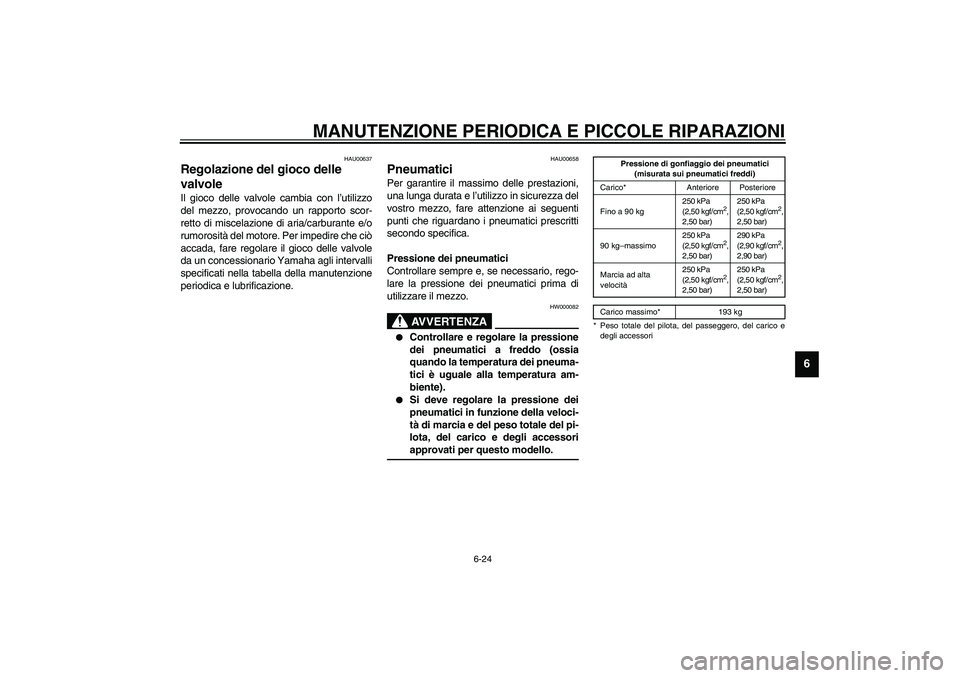 YAMAHA YZF-R6 2003  Manuale duso (in Italian) MANUTENZIONE PERIODICA E PICCOLE RIPARAZIONI
6-24
6
HAU00637
Regolazione del gioco delle 
valvole Il gioco delle valvole cambia con l’utilizzo
del mezzo, provocando un rapporto scor-
retto di miscel