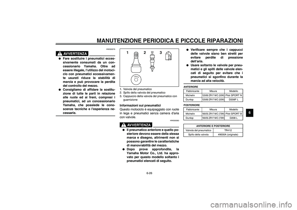 YAMAHA YZF-R6 2003  Manuale duso (in Italian) MANUTENZIONE PERIODICA E PICCOLE RIPARAZIONI
6-26
6
HW000079
AVVERTENZA
_ 
Fare sostituire i pneumatici ecces-
sivamente consumati da un con-
cessionario Yamaha. Oltre ad
essere illegale, l’utilizz
