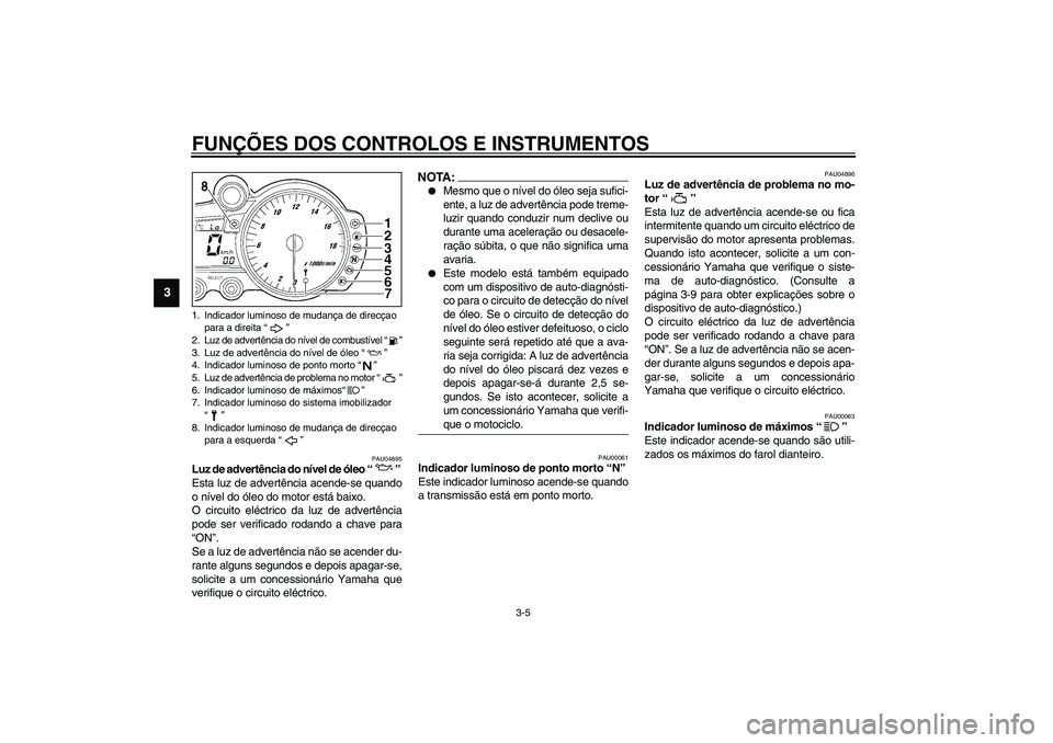 YAMAHA YZF-R6 2003  Manual de utilização (in Portuguese) FUNÇÕES DOS CONTROLOS E INSTRUMENTOS
3-5
3
PAU04895
Luz de advertência do nível de óleo “” 
Esta luz de advertência acende-se quando
o nível do óleo do motor está baixo.
O circuito eléct
