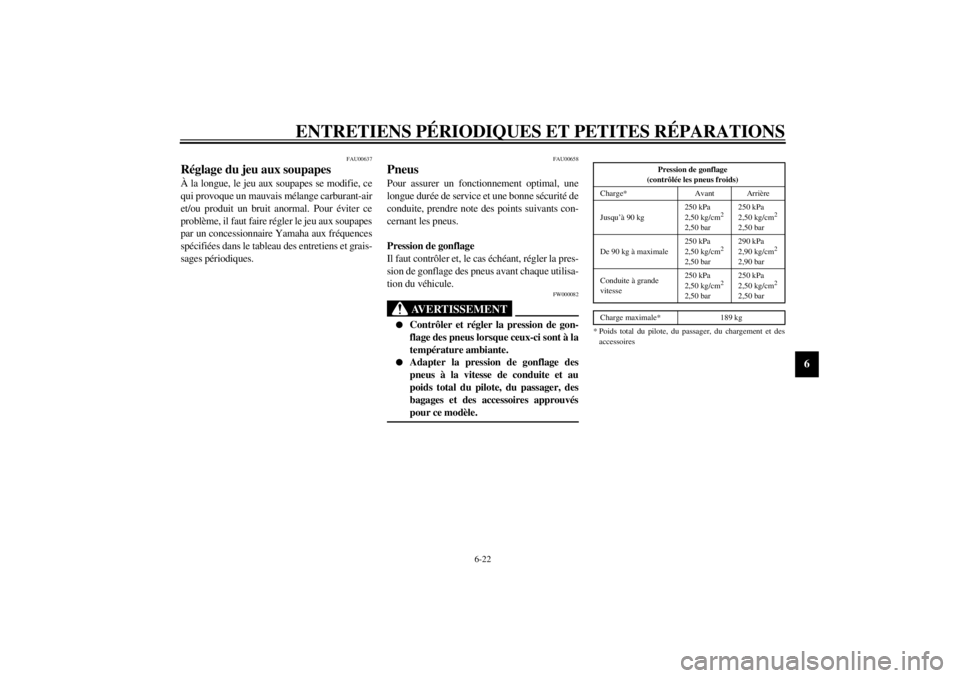 YAMAHA YZF-R6 2001  Notices Demploi (in French) ENTRETIENS PÉRIODIQUES ET PETITES RÉPARATIONS
6-22
6
FAU00637
Réglage du jeu aux soupapes À la longue, le jeu aux soupapes se modifie, ce
qui provoque un mauvais mélange carburant-air
et/ou produ