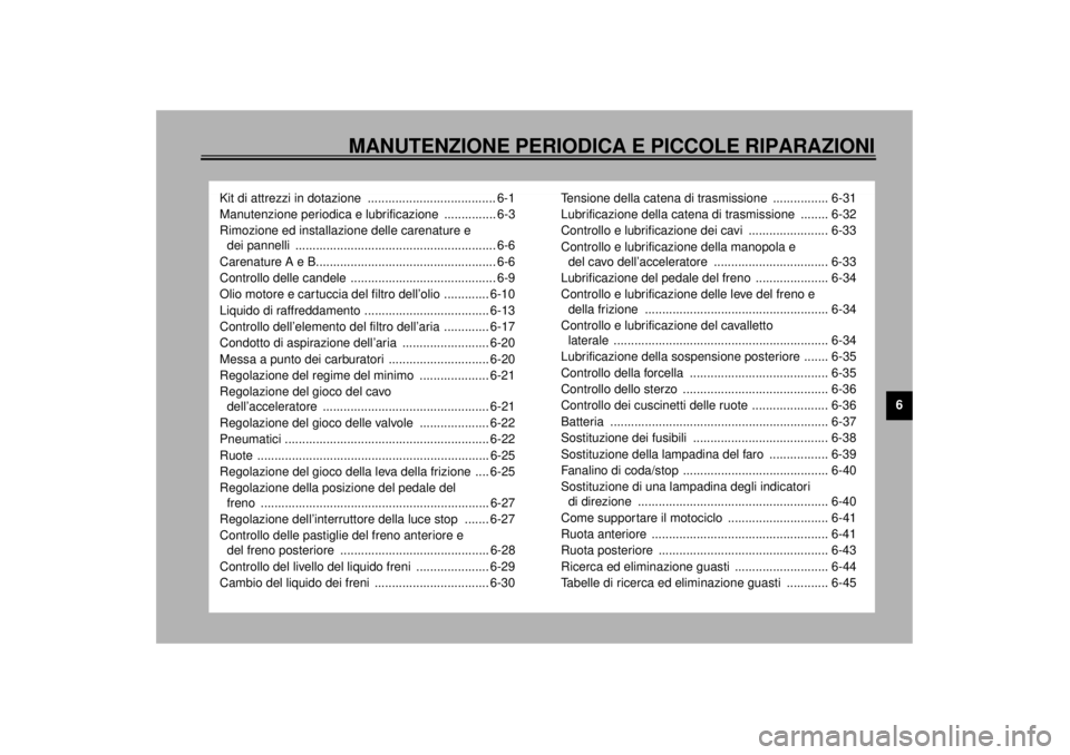 YAMAHA YZF-R6 2001  Manuale duso (in Italian) MANUTENZIONE PERIODICA E PICCOLE RIPARAZIONI
6
Kit di attrezzi in dotazione  ..................................... 6-1
Manutenzione periodica e lubrificazione  ............... 6-3
Rimozione ed install
