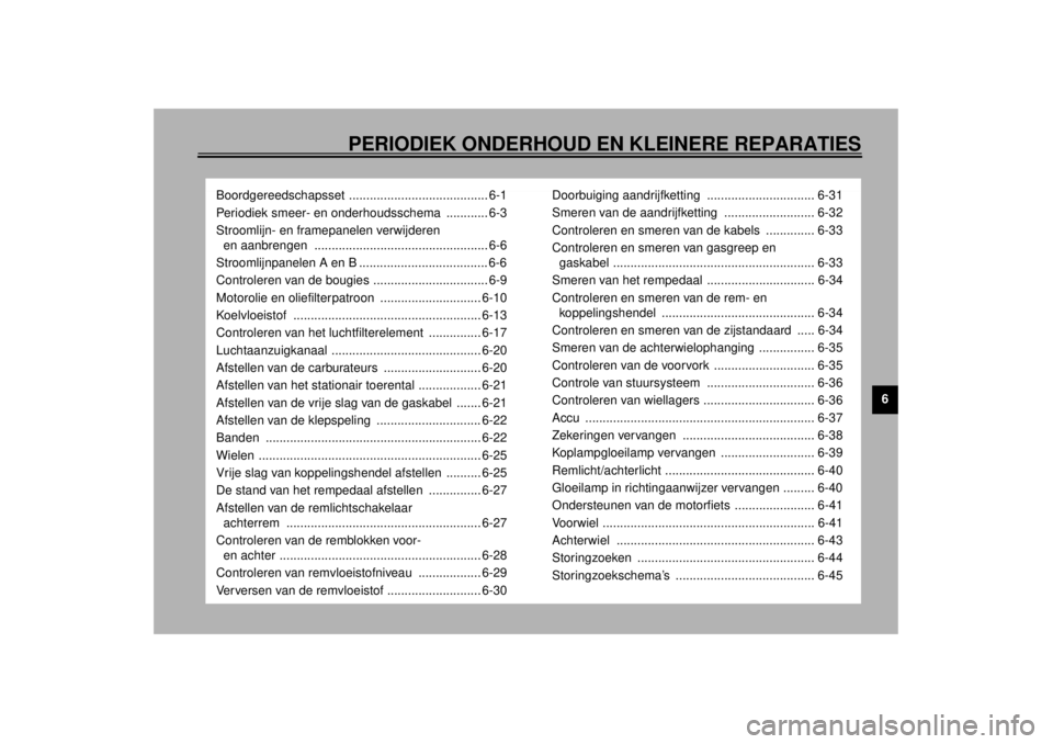YAMAHA YZF-R6 2001 Instructieboekje (in Dutch) PERIODIEK ONDERHOUD EN KLEINERE REPARATIES
6
Boordgereedschapsset ........................................ 6-1
Periodiek smeer- en onderhoudsschema ............ 6-3
Stroomlijn- en framepanelen verwij YAMAHA YZF-R6 2001 Instructieboekje (in Dutch) PERIODIEK ONDERHOUD EN KLEINERE REPARATIES
6
Boordgereedschapsset ........................................ 6-1
Periodiek smeer- en onderhoudsschema ............ 6-3
Stroomlijn- en framepanelen verwij
