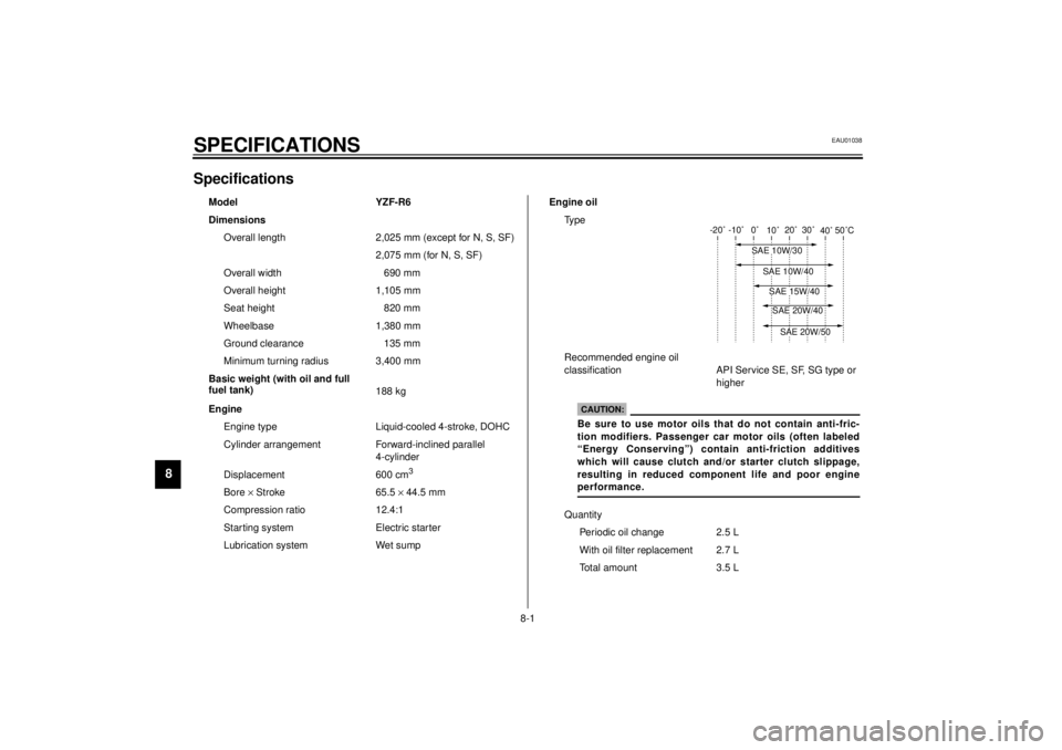 YAMAHA YZF-R6 2000  Owners Manual 8-1
8
EAU01038
8-SPECIFICATIONSSpecifications01E
Model YZF-R6
Dimensions
Overall length 2,025 mm (except for N, S, SF)
2,075 mm (for N, S, SF)
Overall width 690 mm
Overall height 1,105 mm
Seat height 