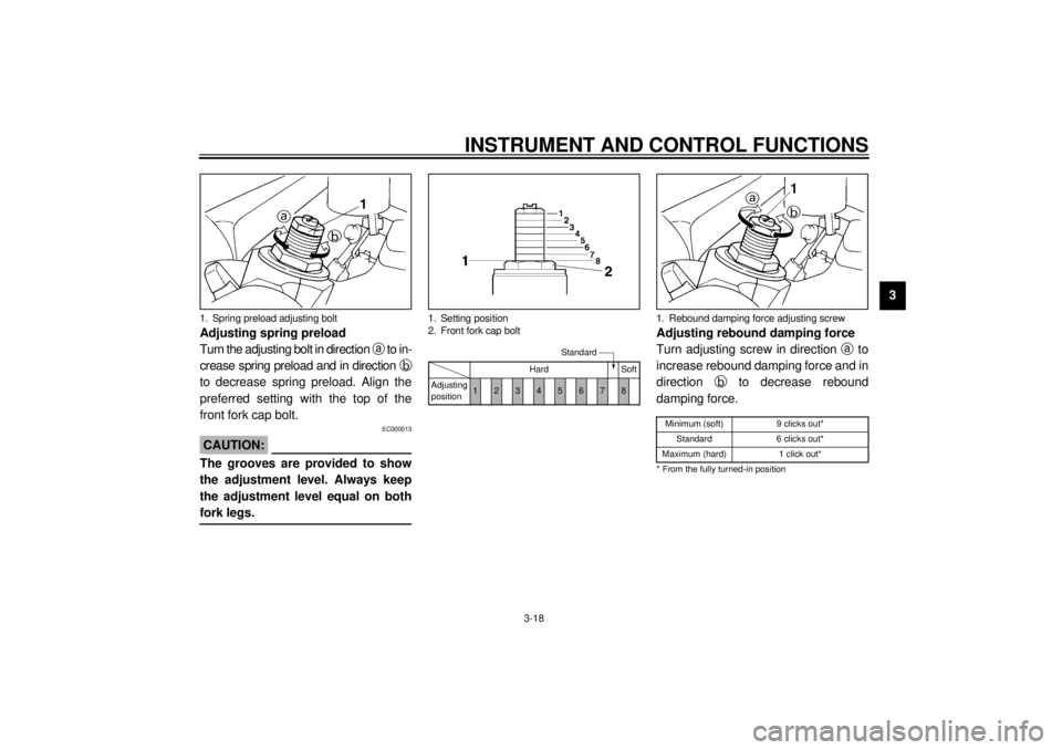 YAMAHA YZF-R6 2000 Owners Guide INSTRUMENT AND CONTROL FUNCTIONS
3-18
3
Adjusting spring preload
Turn the adjusting bolt in direction
a to in-
crease spring preload and in direction
b
to decrease spring preload. Align the
preferre YAMAHA YZF-R6 2000 Owners Guide INSTRUMENT AND CONTROL FUNCTIONS
3-18
3
Adjusting spring preload
Turn the adjusting bolt in direction
a to in-
crease spring preload and in direction
b
to decrease spring preload. Align the
preferre