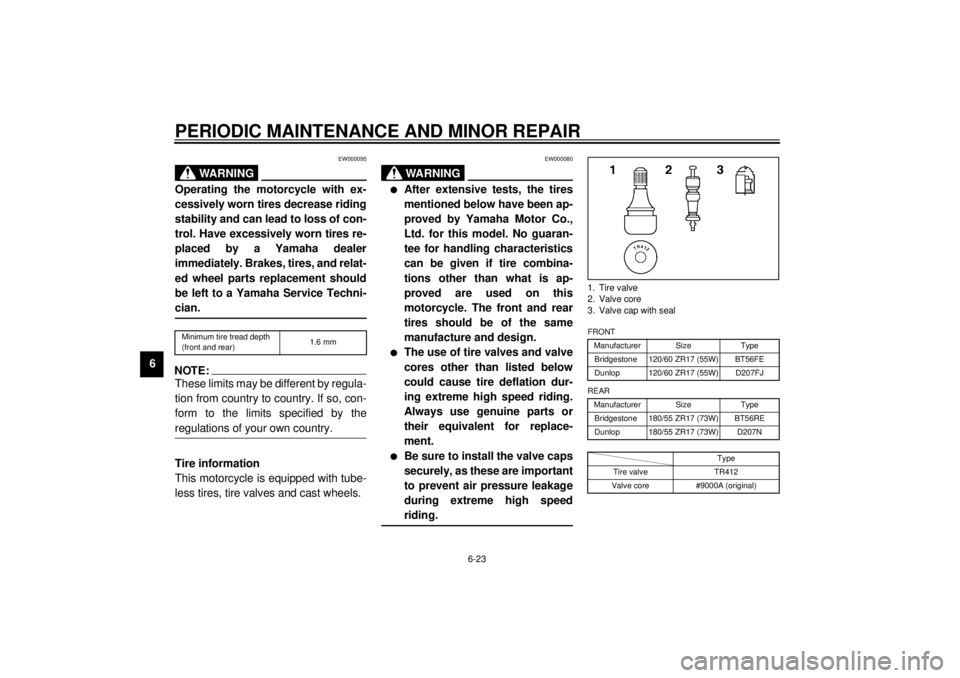YAMAHA YZF-R6 2000 User Guide PERIODIC MAINTENANCE AND MINOR REPAIR
6-23
6
EW000095
WARNING
@ Operating the motorcycle with ex-
cessively worn tires decrease riding
stability and can lead to loss of con-
trol. Have excessively wor YAMAHA YZF-R6 2000 User Guide PERIODIC MAINTENANCE AND MINOR REPAIR
6-23
6
EW000095
WARNING
@ Operating the motorcycle with ex-
cessively worn tires decrease riding
stability and can lead to loss of con-
trol. Have excessively wor