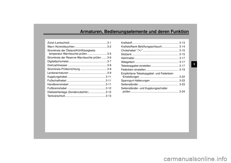 YAMAHA YZF-R6 2000  Betriebsanleitungen (in German) 3
Armaturen, Bedienungselemente und deren Funktion
Zünd-/Lenkschloß ................................................. 3-1
Warn-/Kontrolleuchten .......................................... 3-2
Stromkr