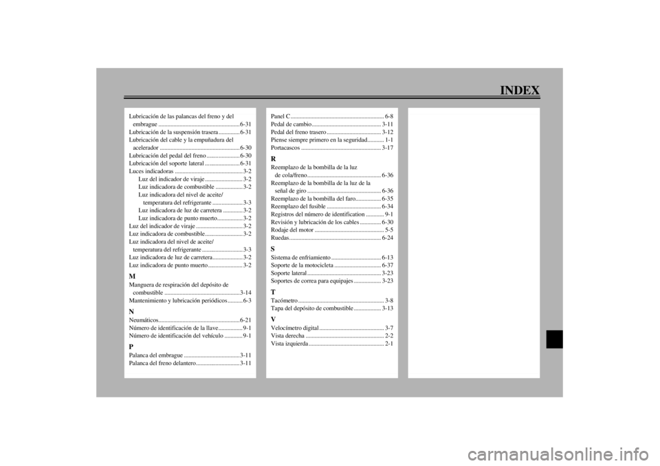 YAMAHA YZF-R6 2000  Manuale de Empleo (in Spanish) INDEX
Lubricación de las palancas del freno y del 
embrague ...................................................... 6-31
Lubricación de la suspensión trasera .............. 6-31
Lubricación del cab