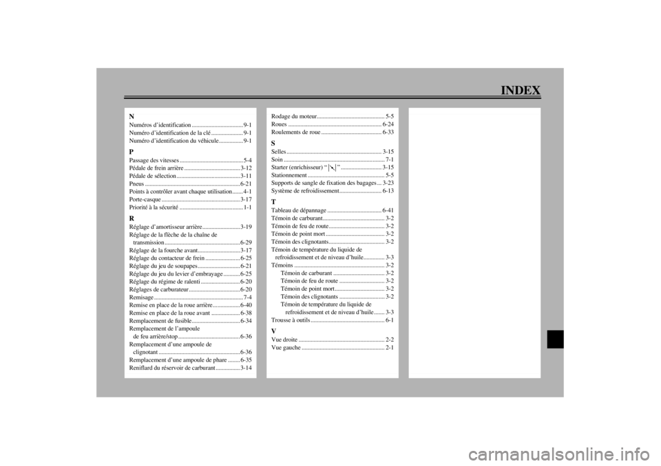 YAMAHA YZF-R6 2000 Notices Demploi (in French) INDEX
NNuméros d’identification .................................. 9-1
Numéro d’identification de la clé ..................... 9-1
Numéro d’identification du véhicule................ 9-1PPa YAMAHA YZF-R6 2000 Notices Demploi (in French) INDEX
NNuméros d’identification .................................. 9-1
Numéro d’identification de la clé ..................... 9-1
Numéro d’identification du véhicule................ 9-1PPa