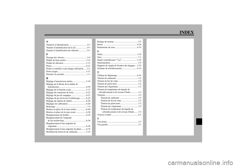 YAMAHA YZF-R6 2000  Notices Demploi (in French) INDEX
NNuméros d’identification .................................. 9-1
Numéro d’identification de la clé ..................... 9-1
Numéro d’identification du véhicule................ 9-1PPa