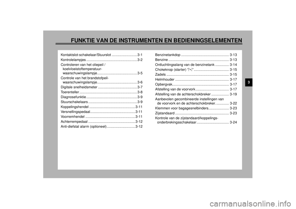 YAMAHA YZF-R6 2000  Instructieboekje (in Dutch) 3
FUNKTIE VAN DE INSTRUMENTEN EN BEDIENINGSELEMENTEN
Kontaktslot-schakelaar/Stuurslot .......................... 3-1
Kontrolelampjes .................................................... 3-2
Controlere