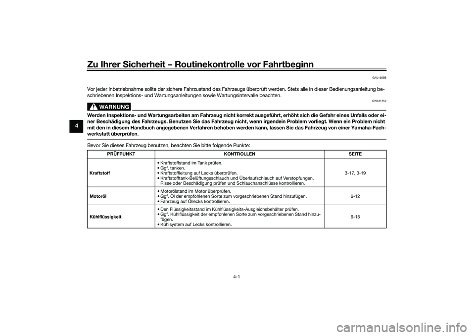 YAMAHA YZF-R7 2022 Betriebsanleitungen (in German) Zu Ihrer Sicherheit – Routinekontrolle vor Fahrtbeginn
4-1
4
GAU1559B
Vor jeder Inbetriebnahme sollte der sichere Fahrzustand des Fahrzeugs überprüft werden. Stets alle in dieser Bedienungsanleitu YAMAHA YZF-R7 2022 Betriebsanleitungen (in German) Zu Ihrer Sicherheit – Routinekontrolle vor Fahrtbeginn
4-1
4
GAU1559B
Vor jeder Inbetriebnahme sollte der sichere Fahrzustand des Fahrzeugs überprüft werden. Stets alle in dieser Bedienungsanleitu