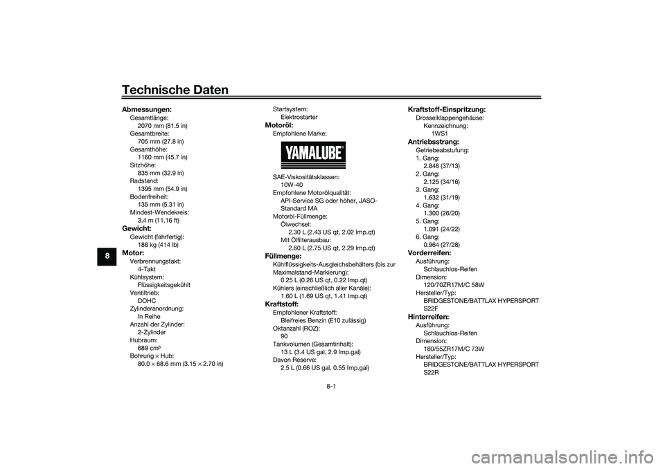 YAMAHA YZF-R7 2022 Betriebsanleitungen (in German) Technische Daten
8-1
8
Abmessungen:Gesamtlänge:2070 mm (81.5 in)
Gesamtbreite:
705 mm (27.8 in)
Gesamthöhe: 1160 mm (45.7 in)
Sitzhöhe: 835 mm (32.9 in)
Radstand:
1395 mm (54.9 in)
Bodenfreiheit: 1 YAMAHA YZF-R7 2022 Betriebsanleitungen (in German) Technische Daten
8-1
8
Abmessungen:Gesamtlänge:2070 mm (81.5 in)
Gesamtbreite:
705 mm (27.8 in)
Gesamthöhe: 1160 mm (45.7 in)
Sitzhöhe: 835 mm (32.9 in)
Radstand:
1395 mm (54.9 in)
Bodenfreiheit: 1