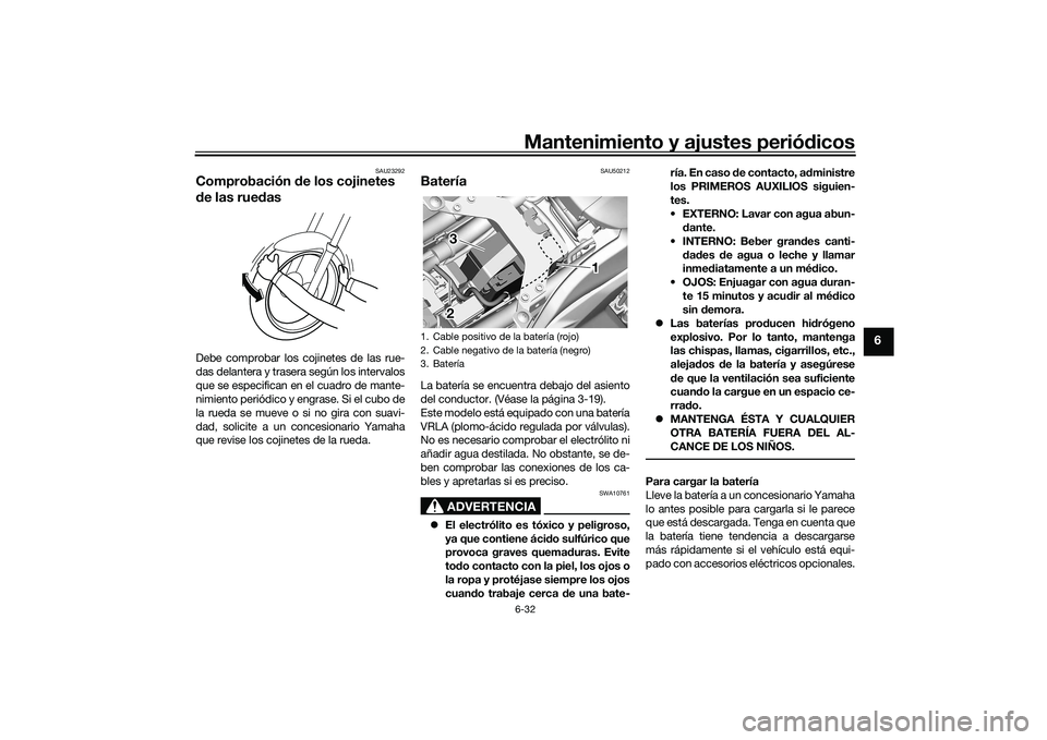 YAMAHA YZF-R7 2022 Manuale de Empleo (in Spanish) Mantenimiento y ajustes periódicos6-32
6
SAU23292
Comprobación de los cojinetes
de las ruedasDebe comprobar los cojinetes de las rue-
das delantera y trasera según los intervalos
que se especifica YAMAHA YZF-R7 2022 Manuale de Empleo (in Spanish) Mantenimiento y ajustes periódicos6-32
6
SAU23292
Comprobación de los cojinetes
de las ruedasDebe comprobar los cojinetes de las rue-
das delantera y trasera según los intervalos
que se especifica