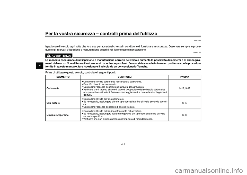 YAMAHA YZF-R7 2022  Manuale duso (in Italian) Per la vostra sicurezza – controlli prima dell’utilizzo
4-1
4
HAU1559B
Ispezionare il veicolo ogni volta che lo si usa per accertarsi che sia in condizione di funzionare in sicurezza. Osservare se