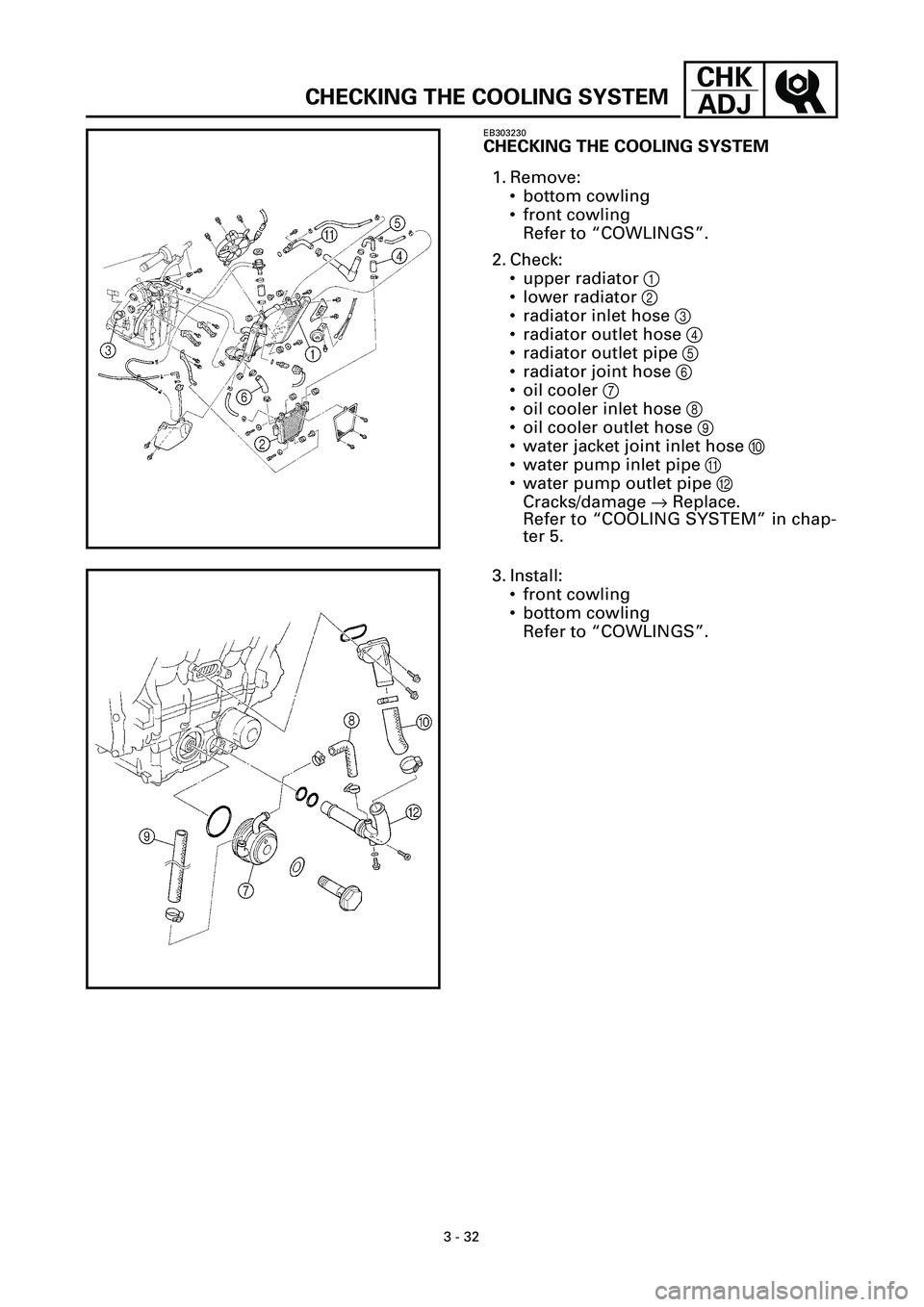 YAMAHA YZF-R7 1999  Owners Manual 3 - 32
CHK
ADJ
CHECKING THE COOLING SYSTEM
EB303230
CHECKING THE COOLING SYSTEM
1. Remove:
• bottom cowling
• front cowling
Refer to “COWLINGS”.
2. Check:
• upper radiator 1
• lower radiat
