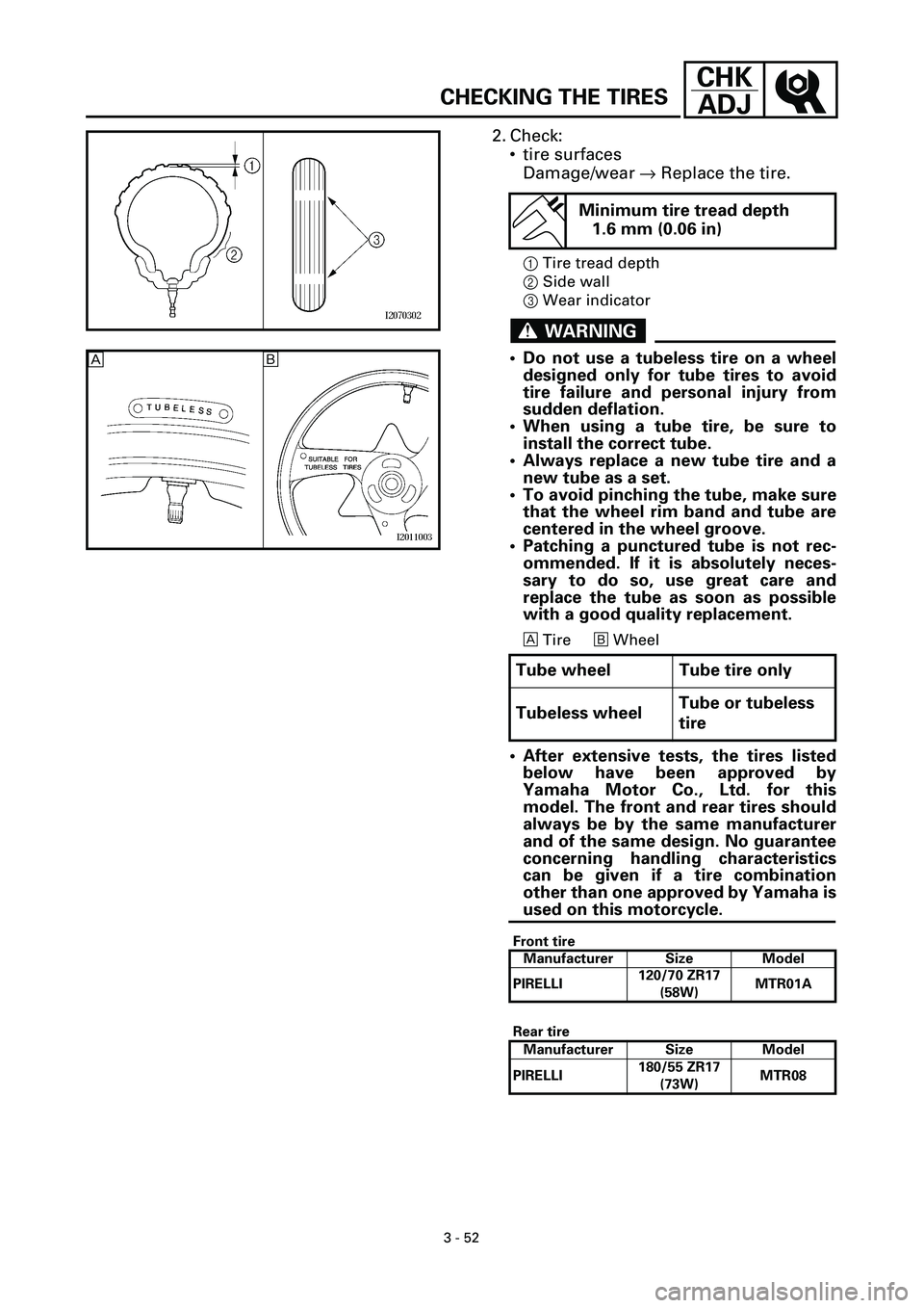 YAMAHA YZF-R7 1999  Owners Manual 3 - 52
CHK
ADJ
CHECKING THE TIRES
2. Check:
• tire surfaces
Damage/wear ® Replace the tire.
1Tire tread depth
2Side wall
3Wear indicator
WARNINGWARNING
• Do not use a tubeless tire on a wheel
des