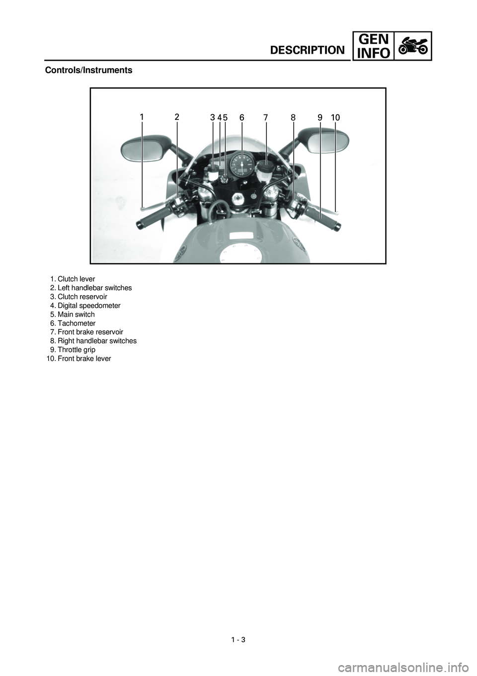YAMAHA YZF-R7 1999 User Guide
1 - 3
DESCRIPTION
Controls/Instruments
1. Clutch lever
2. Left handlebar switches
3. Clutch reservoir
4. Digital speedometer
5. Main switch
6. Tachometer
7. Front brake reservoir
8. Right handleb YAMAHA YZF-R7 1999 User Guide
1 - 3
DESCRIPTION
Controls/Instruments
1. Clutch lever
2. Left handlebar switches
3. Clutch reservoir
4. Digital speedometer
5. Main switch
6. Tachometer
7. Front brake reservoir
8. Right handleb