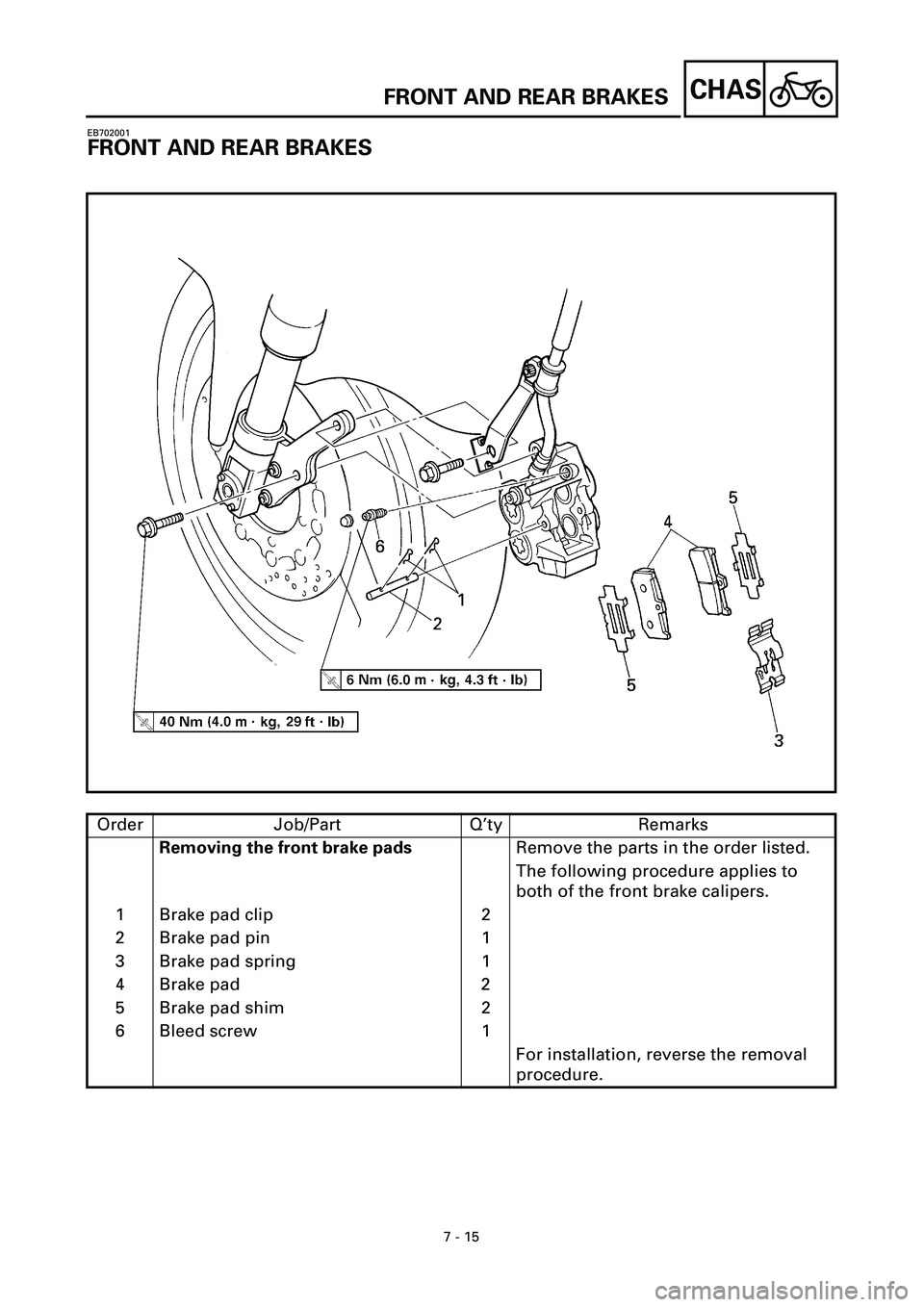 YAMAHA YZF-R7 1999 Owners Manual 7 - 15
CHASFRONT AND REAR BRAKES
EB702001
FRONT AND REAR BRAKES
Order Job/Part Q’ty Remarks
Removing the front brake padsRemove the parts in the order listed.
The following procedure applies to
bot YAMAHA YZF-R7 1999 Owners Manual 7 - 15
CHASFRONT AND REAR BRAKES
EB702001
FRONT AND REAR BRAKES
Order Job/Part Q’ty Remarks
Removing the front brake padsRemove the parts in the order listed.
The following procedure applies to
bot