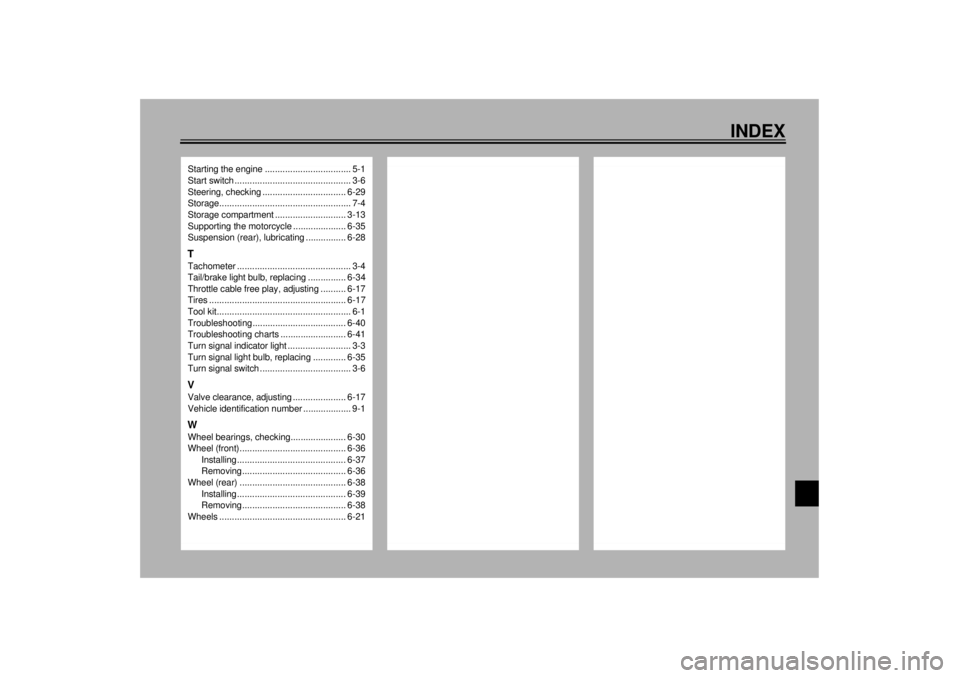 YAMAHA YZF1000 2021 Owners Manual INDEX
Starting the engine .................................. 5-1
Start switch .............................................. 3-6
Steering, checking ................................. 6-29
Storage...... YAMAHA YZF1000 2021 Owners Manual INDEX
Starting the engine .................................. 5-1
Start switch .............................................. 3-6
Steering, checking ................................. 6-29
Storage......